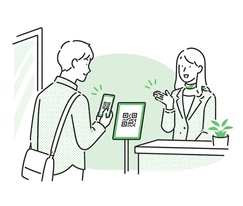 受付でスマホのQRコードをかざして入館するイメージイラスト