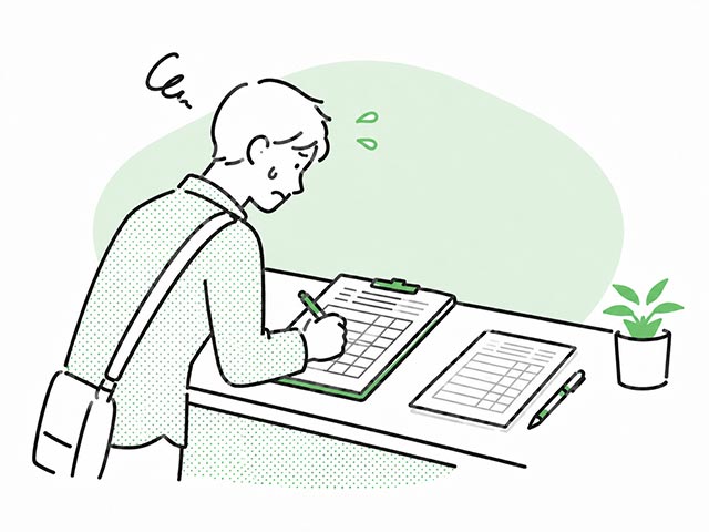 紙の受付表に手書きで記入するイラスト